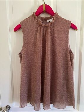 Sleeveless Metallic Mauve Ruffle-Neck Blouse